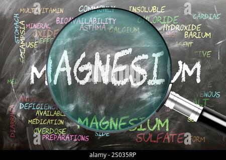 Magnesio in fase di studio, esame - sotto stretta ispezione. Argomenti e idee più importanti strettamente correlati al magnesio scritto su una lavagna INS Foto Stock