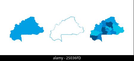 Burkina Faso insieme di tre mappe - mappa solida, mappa di contorno e mappa che evidenziano le divisioni amministrative. Tre mappe distinte illustrano varie rappresentazioni di un'area geografica. Illustrazione Vettoriale