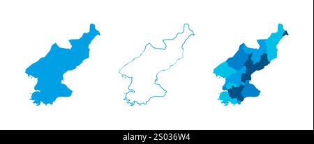 Corea del Nord serie di tre mappe - mappa solida, mappa di contorno e mappa che evidenziano le divisioni amministrative. Tre mappe distinte illustrano varie rappresentazioni di un'area geografica. Illustrazione Vettoriale