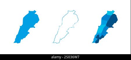 Libano serie di tre mappe - mappa solida, mappa di contorno e mappa che evidenziano le divisioni amministrative. Tre mappe distinte illustrano varie rappresentazioni di un'area geografica. Illustrazione Vettoriale