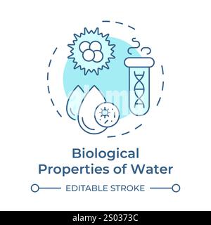 Icona Concept delle proprietà biologiche dell'acqua blu morbido. Biodiversità nella ricerca sugli ecosistemi liquidi. Controllo qualità. Illustrazione della linea di forma rotonda. Abst Illustrazione Vettoriale