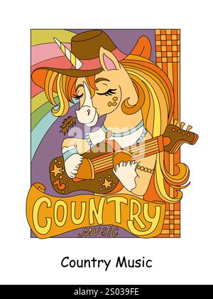 Un simpatico unicorno di musica country che suona una chitarra. Illustrazione del cartone animato a colori vettoriali su sfondo bianco. Disegno lineare. Per colorazioni, stampe, Illustrazione Vettoriale