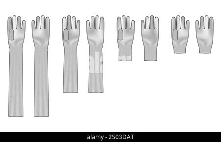Set di guanti in lana intrecciata gomito lunghezza polso corta indumento per illustrazioni tecniche. Vista posteriore del palmo frontale vettoriale per uomo modello piatto da donna modello CAD Illustrazione Vettoriale