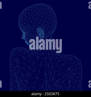 La testa della donna è mostrata su sfondo blu. La testa è composta da molte linee e punti, che le conferiscono un aspetto molto astratto e futuristico. La scena lo è Illustrazione Vettoriale