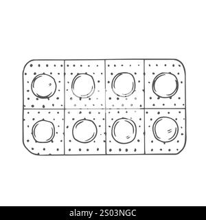 Blister con pillole. Illustrazione vettoriale. Schizzo. Contorno su sfondo isolato. Stile doodle. Forma farmaceutica per il trattamento della malattia. Medica Illustrazione Vettoriale