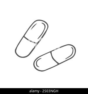 Pillole per la medicina a doodle disegnate a mano, compressa, capsula e flacone isolato su sfondo bianco. Illustrazione vettoriale delle pillole. Salute e assistenza. Design Illustrazione Vettoriale