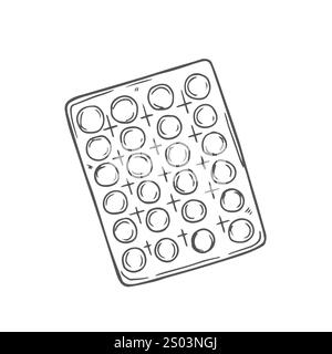 Blister con pillole. Illustrazione vettoriale. Schizzo. Contorno su sfondo isolato. Stile doodle. Forma farmaceutica per il trattamento della malattia. Medica Illustrazione Vettoriale