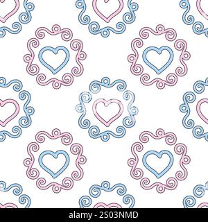 Motivo decorativo senza cuciture con cuori rosa e blu incorniciati da eleganti design vorticosi su sfondo bianco. Illustrazione Vettoriale