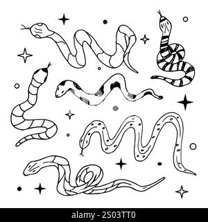 Un set di serpenti disegnati a mano e silhouette con motivi etnici. Collezione di serpenti selvatici. Collezione per tatuaggi, stampe, cartoline, elementi di design. Illustrazione Vettoriale