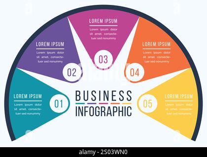 Infografica sulla progettazione aziendale 5 fasi, oggetti, elementi o opzioni modello di informazioni aziendali Illustrazione Vettoriale