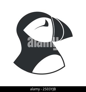 Icona emblema monocromatico uccello delle pulcinelle di mare Atlantico isolata su sfondo bianco. Illustrazione vettoriale Illustrazione Vettoriale