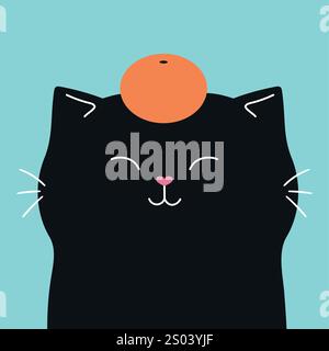 Carino gatto kawaii con un mandarino sulla testa. Illustrazione vettoriale Illustrazione Vettoriale