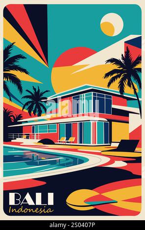 Poster d'arte retrò di Bali, Indonesia, destinazione di viaggio Illustrazione Vettoriale