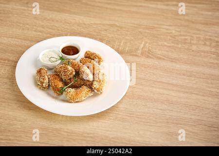 Pepite croccanti di pollo servite con ketchup e salsa all'aglio. Foto Stock