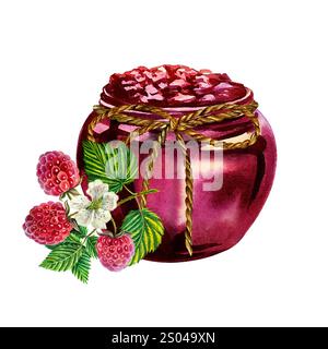 Marmellata di lamponi e lamponi in un recipiente. Illustrazione ad acquerello fatta a mano. Evidenziarlo. Pittura botanica realistica. Per imballaggi, etichette e volantini Foto Stock