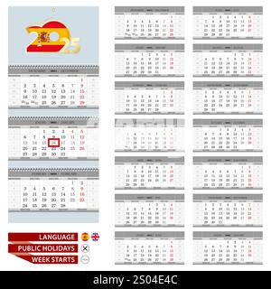 Calendario in lingua spagnola e inglese per 2025 anni. La settimana inizia da lunedì. Pronto per la stampa. Illustrazione vettoriale. Illustrazione Vettoriale