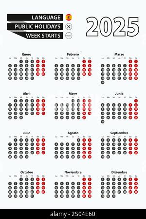 Modello vettoriale calendario 2025 con numero in cerchi, semplice calendario spagnolo per l'anno 2025. Illustrazione vettoriale. Illustrazione Vettoriale