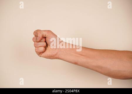 La mano forma un pugno forte, simboleggiando forza e protesta. Questo gesto iconico parla di spirito combattivo. Lo sfondo semplice migliora il powe Foto Stock
