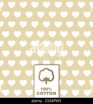 Amore per i fili, cuori bianchi su sfondo in cotone naturale, sfondo senza cuciture con etichetta 100% cotone Illustrazione Vettoriale