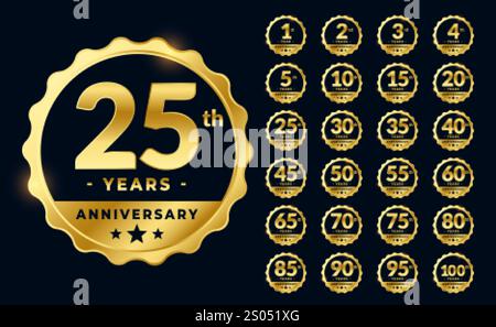set di emblemi d'oro per anniversario design etichette Illustrazione Vettoriale