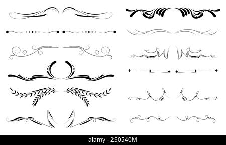 Set divisori decorativi. Motivi e ornamenti per le decorazioni delle pagine dei libri. Confezione di vignette calligrafiche in vecchio stile. Raccolta vettoriale lineare Illustrazione Vettoriale