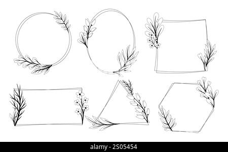 Cornici con set di lamelle. Cornici e motivi con rami tropicali ed esotici. Vignette ed elementi decorativi. Cornici botaniche. Vettore lineare Illustrazione Vettoriale