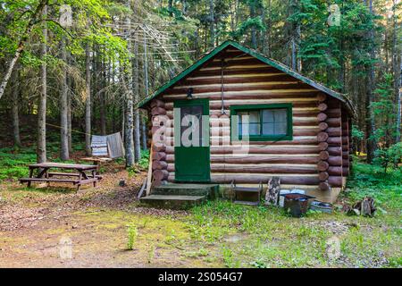 Una piccola cabina di legno con una porta verde si trova in una foresta. La cabina è circondata da un tavolo da picnic e da una panca Foto Stock
