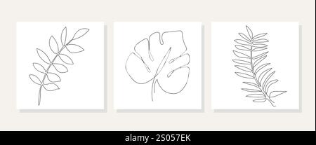 Una linea disegna foglie vettoriali di monstera e foglie di palma. Arte moderna a linea singola, contorno estetico. Perfetto per l'arredamento della casa, come poster, pareti Illustrazione Vettoriale