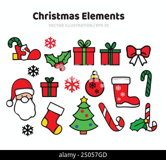 Un'affascinante serie di icone natalizie disegnate a mano con Babbo Natale, pini, fiocchi di neve e decorazioni natalizie. Illustrazione Vettoriale