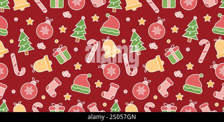 Motivo natalizio senza cuciture con icone bianche colorate su sfondo rosso, ideale per disegni e decorazioni natalizie Illustrazione Vettoriale
