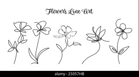 Una collezione continua di fiori d'arte a linea singola che sbocciano a mano. Illustrazione vettoriale Illustrazione Vettoriale