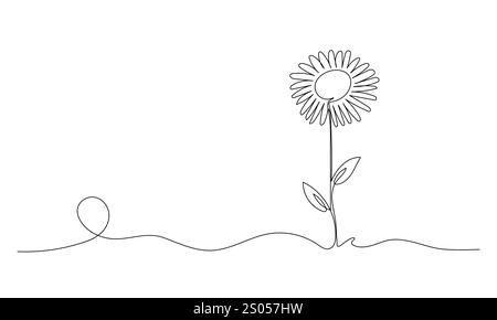 Un'opera d'arte a linea continua con fiori di sole, isolata su sfondo bianco. Illustrazione vettoriale Illustrazione Vettoriale