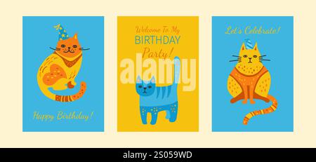 Cartolina con cartoni animati disegnati a mano e set per bambini. Benvenuto al set di biglietti per la festa di compleanno. Gattino carino con ornamento. Moderno design animaletto per bambini. Illustrazione vettoriale del poster di invito CATS Illustrazione Vettoriale