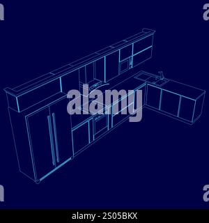 Cucina blu con frigorifero, forno e lavandino. La cucina è progettata in modo da sembrare un disegno 3D. Illustrazione Vettoriale