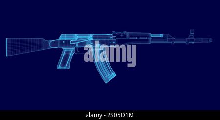 Immagine blu di una pistola. La pistola è un AK-47. L'immagine è un'immagine generata dal computer Illustrazione Vettoriale