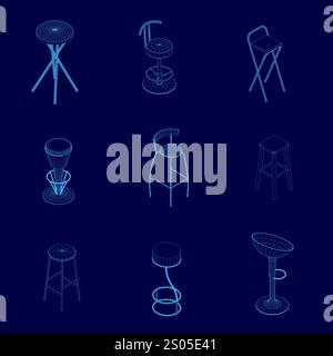 La collezione di sedie e sgabelli blu è mostrata su sfondo blu. Le sedie e gli sgabelli sono di diverse forme e dimensioni, con alcuni che ne hanno uno in più Illustrazione Vettoriale