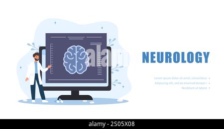 Concetto di neurologia. Un medico di sesso maschile esamina la risonanza magnetica. Diagnosi delle malattie cerebrali. Illustrazione vettoriale in stile cartone animato piatto Illustrazione Vettoriale