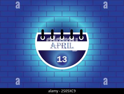 13 aprile cartello calendario su sfondo blu mattone al neon. Design piatto. Data, giorno e mese. Illustrazione vettoriale. Illustrazione Vettoriale