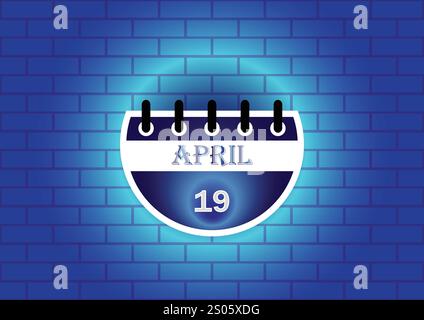 19 aprile cartello calendario su sfondo blu mattone al neon. Design piatto. Data, giorno e mese. Illustrazione vettoriale. Illustrazione Vettoriale