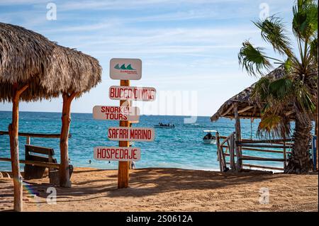 Una varietà di cartelli direzionali per lo più a controllo diretto vicino alle strutture della spiaggia di Cabo Pulmo, un parco marino nazionale protetto Foto Stock