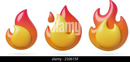 Fuoco acceso e fiamme graziose icone vettoriali 3d sono isolate su sfondo bianco. Illustrazione Vettoriale