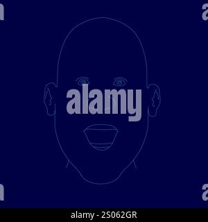 La faccia dell'uomo è disegnata in blu. La faccia sorride e ha la bocca aperta. Lo sfondo blu suggerisce un'atmosfera calma e tranquilla Illustrazione Vettoriale