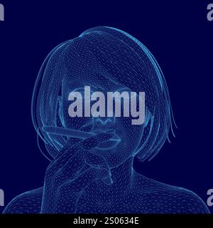 La donna è mostrata in un'immagine blu con una sigaretta in bocca. L'immagine è una rappresentazione digitale del volto di una donna, e la sigaretta è posizionata in h Illustrazione Vettoriale