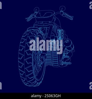 Moto blu con sedile e manubrio. La moto è mostrata in modo stilizzato, con gli pneumatici e le altre parti della moto evidenziate in blu. Concetto o Illustrazione Vettoriale