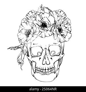 Cinco de Mayo teschio umano in corona di fiori di anemone di peonia papavero. Simbolo della festa messicana del giorno dei morti. Illustrazione isolata del vettore di inchiostro disegnata a mano Illustrazione Vettoriale