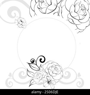 Cornice circolare rose romantiche, modello - splendidi fiori con ricci. Vecchio stile retrò, sartoriale per cartoline, tessuti, stampe. Linea vettoriale grafica Illustrazione Vettoriale