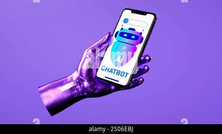 Un concetto futuristico che mostra un chatbot su uno smartphone tenuto da una mano, enfatizzando l'intelligenza artificiale, la tecnologia mobile e l'interazione digitale. Foto Stock