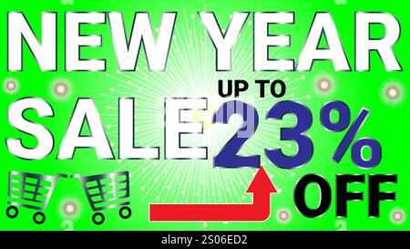 Sconti di Capodanno fino al 23% su banner con sfondo radiale in calce e bianco e tema celebrativo Starburst Illustrazione Vettoriale