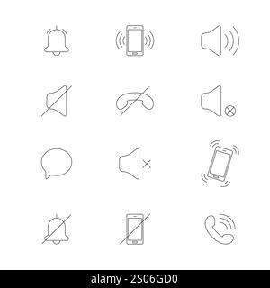 Icone della linea audio del telefono cellulare. Modalità silenziosa. Modalità di rumore, silenzio, vibrazione. Vari segnali acustici. Vettore Illustrazione Vettoriale