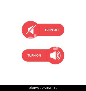 Pulsanti rossi per il controllo del volume. Consente di disattivare e attivare l'audio. Pulsanti di commutazione a bilanciere. Vettore Illustrazione Vettoriale